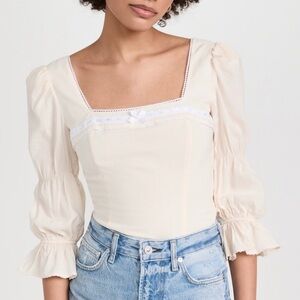 Reformation Amalie 3/4 Sleeve Square Neck Top Size‎ 6 Cream Dainty Bow Milkmaid